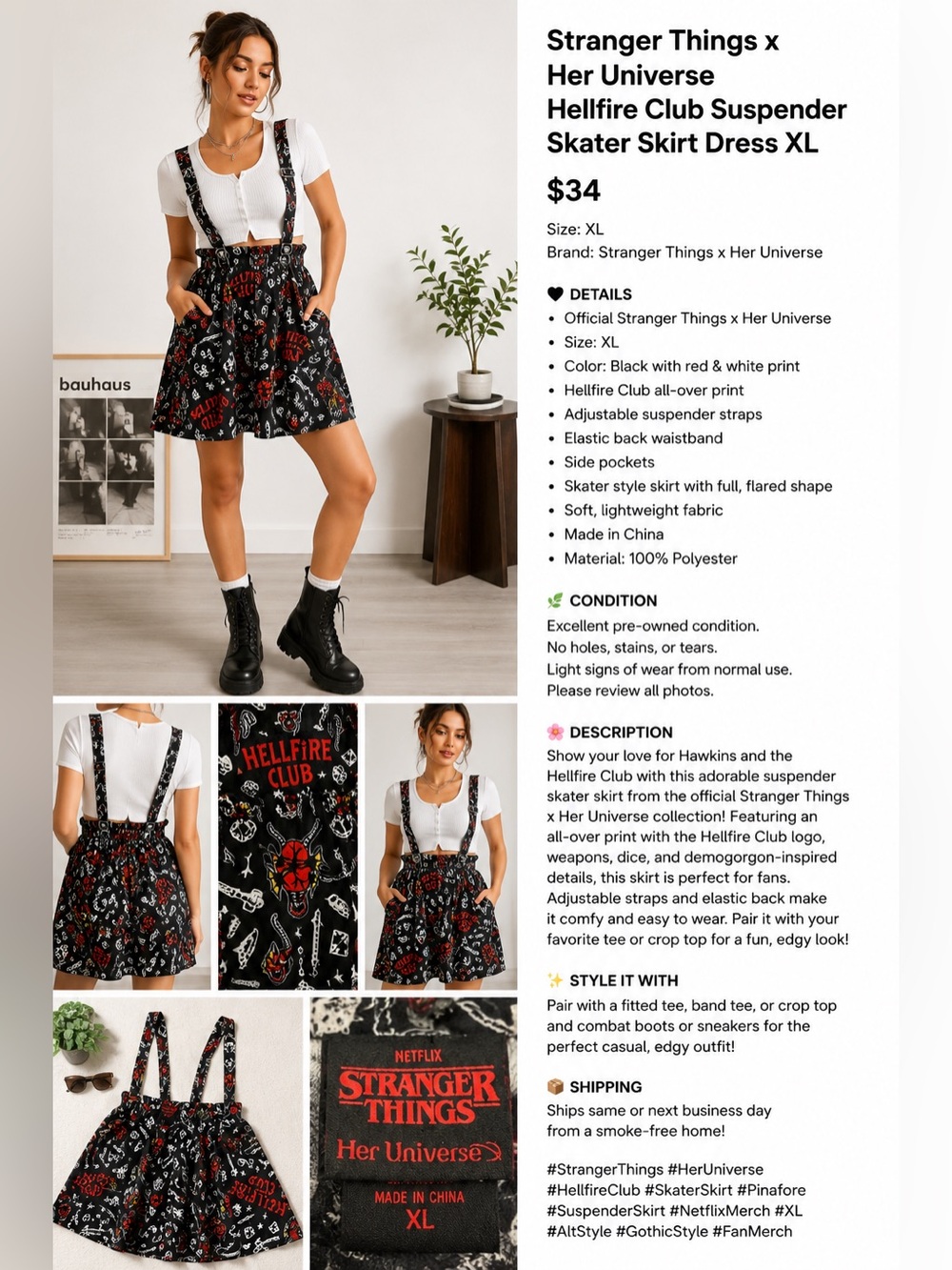 Stranger Things‎ x Her Universe Hellfire Club Suspender Skater Skirt Dress XL